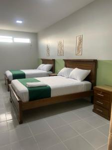 2 letti si trovano in una camera con pareti verdi di Hostal Independencia a Santa Cruz de la Sierra