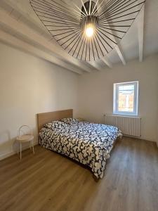 a bedroom with a bed and a large chandelier at Le charme à la campagne dans toulousaine de 1900 in Bouloc