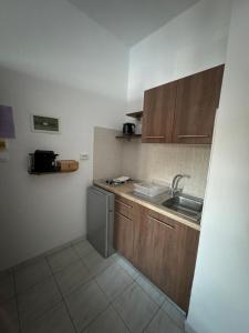 a small kitchen with wooden cabinets and a sink at Fedra Apartments Lindos in Líndos