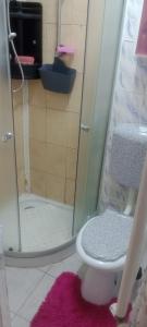 uma casa de banho com um chuveiro, um WC e um tapete rosa em Garsoniera Copou em Iaşi