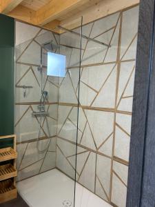 a shower with a glass door in a bathroom at Les Chalets près de Chalain in Montigny-sur-lʼAin +48 photos