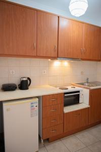 a kitchen with wooden cabinets and a white refrigerator at Studio in Corfu in Kanálion