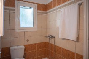 a bathroom with a shower with a toilet and a window at Studio in Corfu in Kanálion