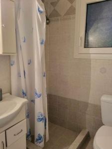 une salle de bain avec un rideau de douche et des toilettes dans l'établissement Filomila apartment Agia Foteini, à Chios