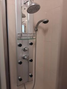 eine Duschkabine mit einem Duschkopf und einem Spiegel in der Unterkunft Residência do Saramago in São Vicente