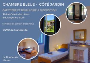 een collage van foto's van een kamer met een open haard bij La Bonheurie - Chambres chez l'habitant in Moissac