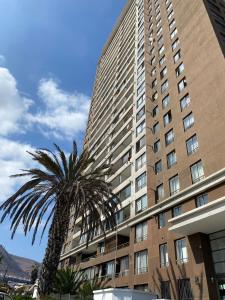 Un edificio alto con una palmera delante. en Edificio cerca de playa cavancha y Brava, en Iquique