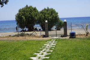 a stepping stone path in the grass near the beach at Nicholas Beach Studios in Lardos