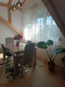 a dining room with a table and chairs and a plant at Naš san in Vrdnik