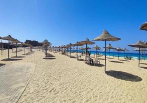 a beach with many straw umbrellas and the ocean at Sidi Abdel Rahman Blumar 1st Floor Chalet in El Alamein