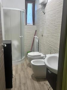 y baño con aseo, lavabo y ducha. en PM 1 Via Valle Canestra Guest House, en Colonna