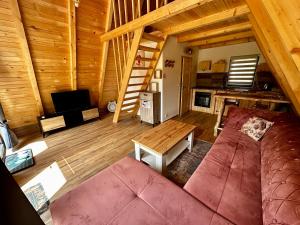 una vista aérea de una sala de estar en una cabaña de madera en Microcastl en Vlasic