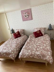 a bedroom with two beds with red pillows at Le gîte de Rose in Pusy-et-Épenoux