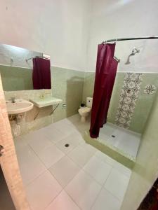 a bathroom with a shower and a toilet and a sink at El Palmar in Guaduas