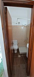 a small bathroom with a toilet and a shower at Star Sianna Village Rooms to let in Siána