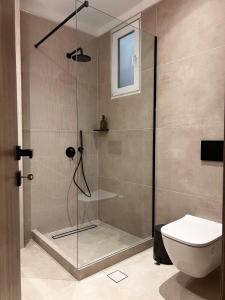 a shower with a glass door in a bathroom at Oikiaegina 1 in Aegina Town