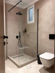 a shower with a glass door in a bathroom at Oikiaegina in Aegina Town
