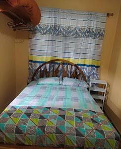 Bett in einem Zimmer mit einem Fenster mit einem Vorhang in der Unterkunft La casa de los Ciprés in San Cristobal