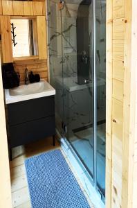 a bathroom with a glass shower and a sink at Woodland Noszvaj in Noszvaj