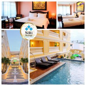 een collage van drie foto's van een hotelkamer bij Siri Heritage Bangkok Hotel in Bangkok