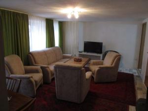 ein Wohnzimmer mit einem Sofa, Stühlen und einem TV in der Unterkunft Ferienzimmer Monteurzimmer Stadtmitte Nördlingen in Nördlingen