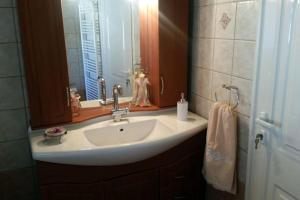 a bathroom with a sink and a dog in the mirror at Cosy stone-built home “Hellen” in Krousón