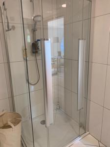 y baño con ducha y puerta de cristal. en Penthouse mit Domblick, en Paderborn