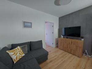 Una sala de estar con un sofá y un televisor de pantalla plana. en Apartament u Moniki, en Międzywodzie 24 fotos más