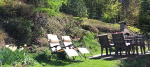 eine Gruppe von Gartenstühlen im Gras in der Unterkunft Holiday Home Forest Peace, Lavrovec in Hlevni Vrh