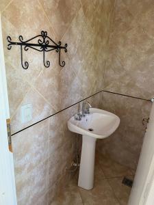 a bathroom with a sink and a tiled wall at La Casita Yogui - MONOAMBIENTE 2 in Santa Rosa de Calamuchita