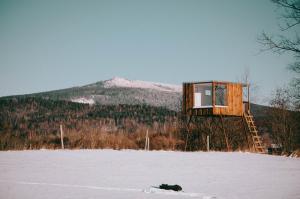 a tiny house sitting on top of a snow covered field at Posed Müslivna in Jablonné v Podještědí