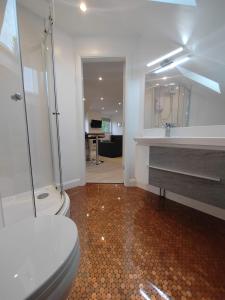 a bathroom with a shower and a toilet and a sink at Lavender Lodge - Modern apartment in York in Copmanthorpe +21 photos