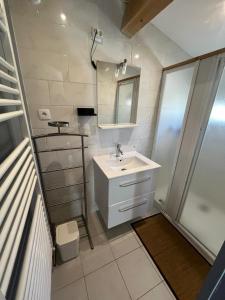 a bathroom with a sink and a shower at Vacances à la ferme en Ardèche 