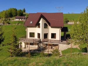 een wit huis met een bruin dak op een heuvel bij La Kaifas in Fundata