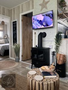 een woonkamer met een open haard en een tv aan de muur bij Coastal Lodge cherry park chapel st Leonards Skegness in Skegness