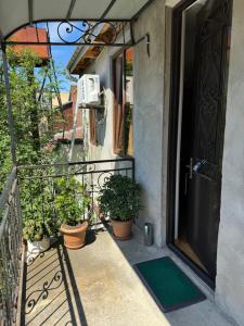 einen Balkon mit Tür und Topfpflanzen in der Unterkunft Old City Apartament in Kutaissi