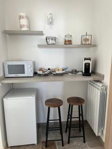 苏尔博B&B DA SAMUELE E ANDREA的厨房配有带2张凳子的台面和微波炉