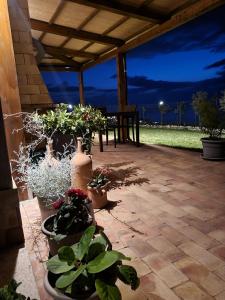 un patio con piante in vaso e un tavolo sullo sfondo di Casa Natura 40 a Parghelia