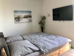 een bed in een slaapkamer met een flatscreen-tv bij Holiday home Ankerherz in Butjadingen