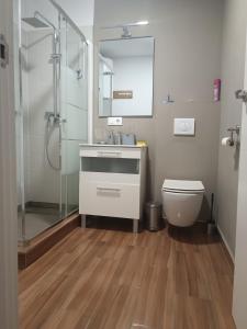 ein Bad mit einem Waschbecken, einer Dusche und einem WC in der Unterkunft Paraiso Del Sol in Denia