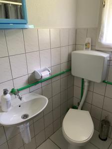 a bathroom with a white toilet and a sink at Vikendica Žute dunje Jajce in Jajce