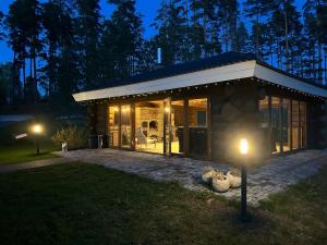a small house with lights in the yard at night at Mäeküla Järve Palkmaja in Viljandi +63 photos