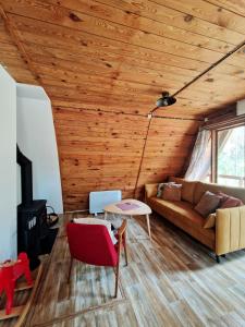 a living room with a couch and a wood ceiling at Leśna Chatka in Wola Polska