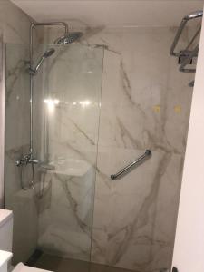 a bathroom with a glass shower with a sink at Frente al mar hermoso in Punta del Este