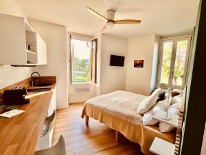 a bedroom with a bed and a desk and a window at Una finestra sul parco in Bergamo