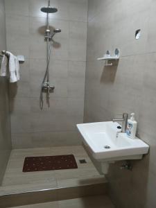 a white bathroom with a sink and a shower at FourPoints Lodge in Lilongwe
