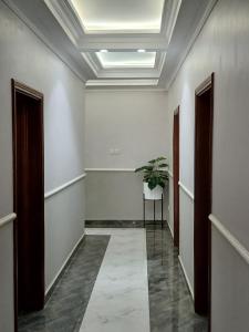 a hallway with white walls and a potted plant at FourPoints Lodge in Lilongwe