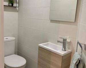 Un baño con inodoro, lavabo y espejo. en Puerta 10, en El Astillero 19 fotos más