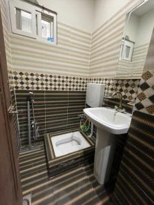 La salle de bains est pourvue d'un lavabo et de toilettes. dans l'établissement Own It Apartment Brown, à Islamabad