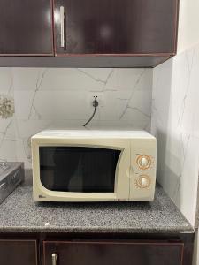 un four micro-ondes installé sur un comptoir dans une cuisine dans l'établissement Own It Apartment Brown, à Islamabad